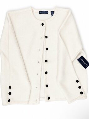 Karen Scott Cream Crewneck Cardigan with Black Buttons